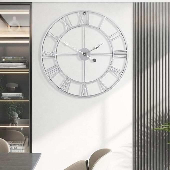 Large Wall Clock - 80cm/ 32 Inches, Silver, Non-Ticking, Battery Operated, Vintage Modern Wall Clock for Living Room, Bedroom, Office, Farmhouse Decor
