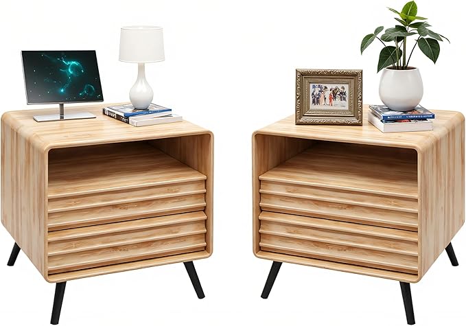 RedLemon 24 Inch Nightstand Set of 2 with Charger Station - Natural Oak