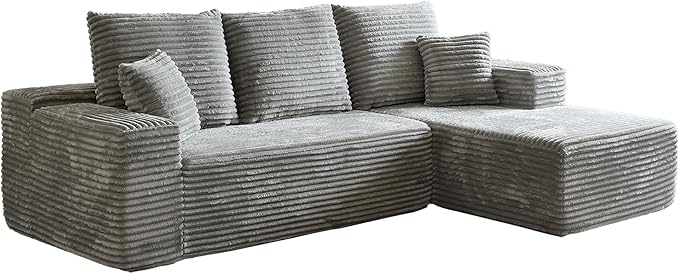 HYJT-H&K Modular Sectional Sofa Cloud Secttional Couch, 107" Comfy L Shaped Couches for Living Room, Deep Seat Memory Foam Fluffy Plush Corduroy Boneless Couch Sectionals Right Facing Sofa Chaise Grey