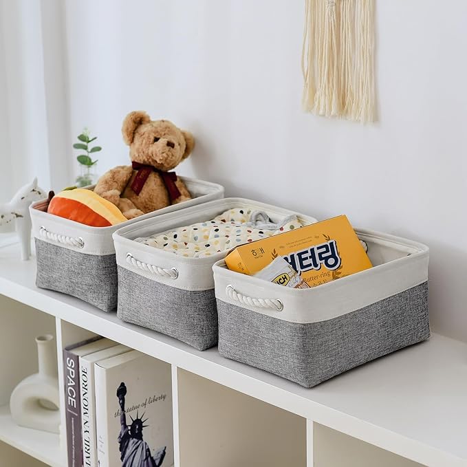 TheWarmHome Organization and Storage Basket for Shelves - 1 Pack 14x10x6.7 inch Collapsible Storage Bins, Fabric Storage Cubes for Closet Organizer Toy Gift Cloth (White & Grey)