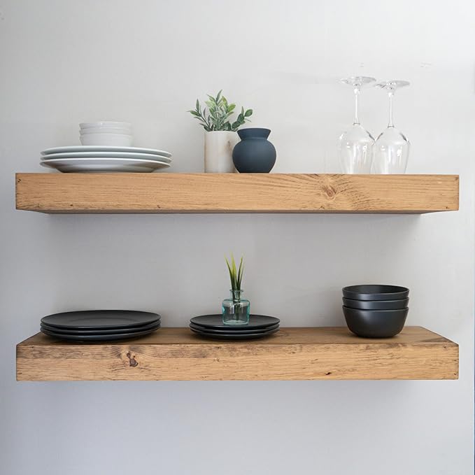 Modern Floating Shelves 3 Inches Thick for Wall, Wide Shelves for Kitchen, Living Room, Bedroom, and Bathroom, Natural Pine Wood, Rustic Wooden Shelf, (Set of 2) (Aged Oak, 48Lx3Hx8D)
