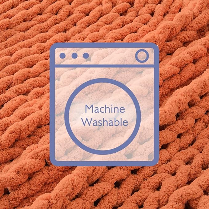 Bigacogo Chunky Knit Throw Blanket for Couch, 40x60 inches, 100% Hand Knitted with Thick Jumbo Chenille Yarn, Cozy Soft Large Rope Knot Cable Crochet Blankets for Sofa Bed Living Room, Terracotta