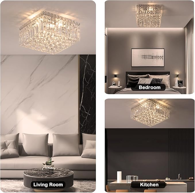 4-Lights Modern Flush Mount Ceiling Light Fixtures,Elegant Crystal Chandelier Pendant Ceiling Lamp for Bedroom,Living Room,Dining Room,Hallway H5.9 x W13.7 x L13.7 (Bulbs Not Included) Square