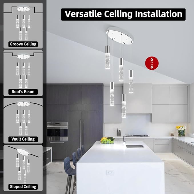 OKELI 5-Light Pendants Light for Kitchen Island Dining Room, 6000K Bubble Crystal Modern LED Kitchen Hanging Lights, 30W Chrome Pendant Lighting Fixture, Round