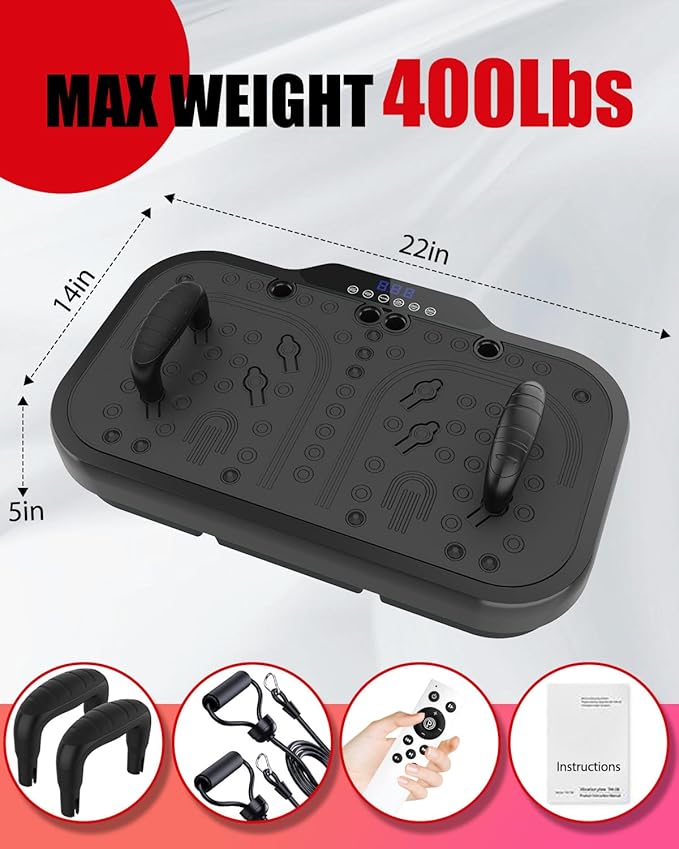 Vibration Plate Exercise Machine, 8000 Vibrations/min Adjustable Fitness Platform, 400 Lbs Capacity Whole Body Workout Extra Large Size Platform with Bluetooth for Weight Loss, Women & Men