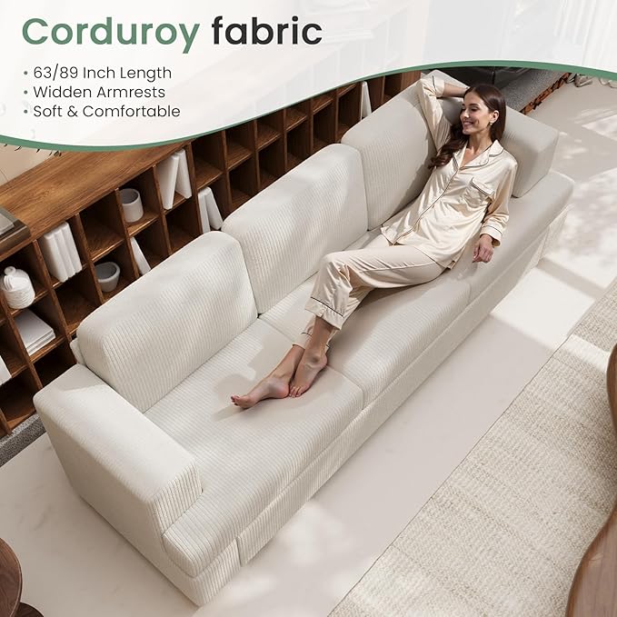 2 Pieces Corduroy Couch Set for Living Room, 5 Seats Cloud Sofa, Deep Seat Floor Couch for Bedroom, Futon Modern Sofa Bed, White Corduroy