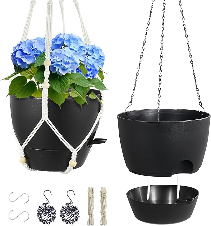 10 inch Self Watering Hanging Planters, 2 Pack Hanging Baskets for Indoor Outdoor Plants, Hanging Flower Pots with Drainage Holes & 2 Kinds of Plant Hangers for Garden Home Decor, Black