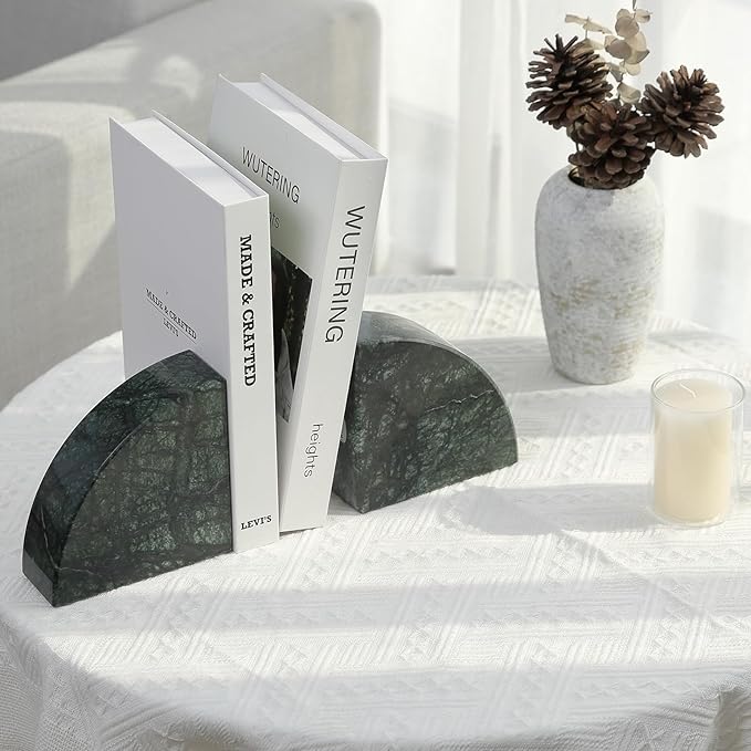 Marble Bookend for Shelves, Non-Skid Bookends for Heavy Books, Heavy Duty Book Stopper for CDs, Luxury Book Shelf Holder, Quarter Circle Design Book Ends Decorative, Indian Green, Set of 2