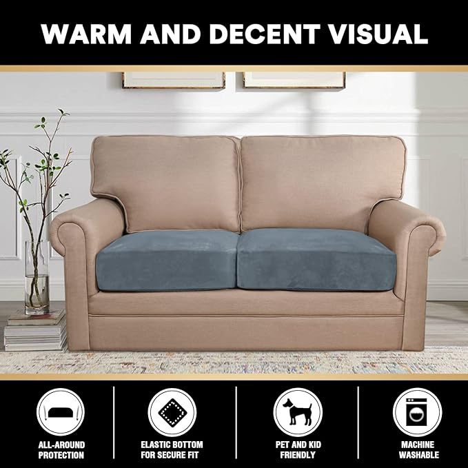 PrinceDeco Velvet Stretch Couch Cushion Cover Soft Cushion Slipcover for Chair Loveseat Sofa Furniture Protector Seat Cushion Sofa Cover (Each Width Up to 29.5", Stone Blue)