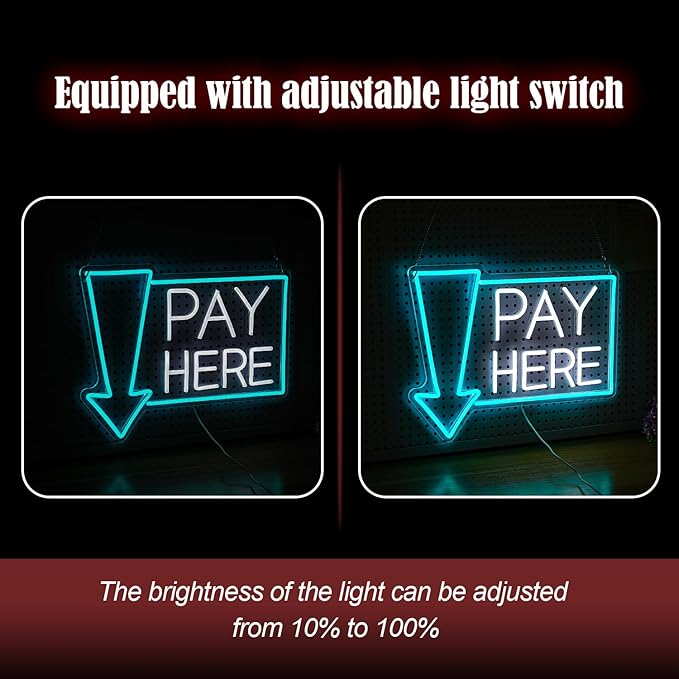Pay Here Neon Sign Bright Ice Blue White Pay Light Up Sign for Business Decor Dimmable LED Words Neon Light for Restaurant Shop Bar Neon Wall Decor (16.5 * 12.8 In)