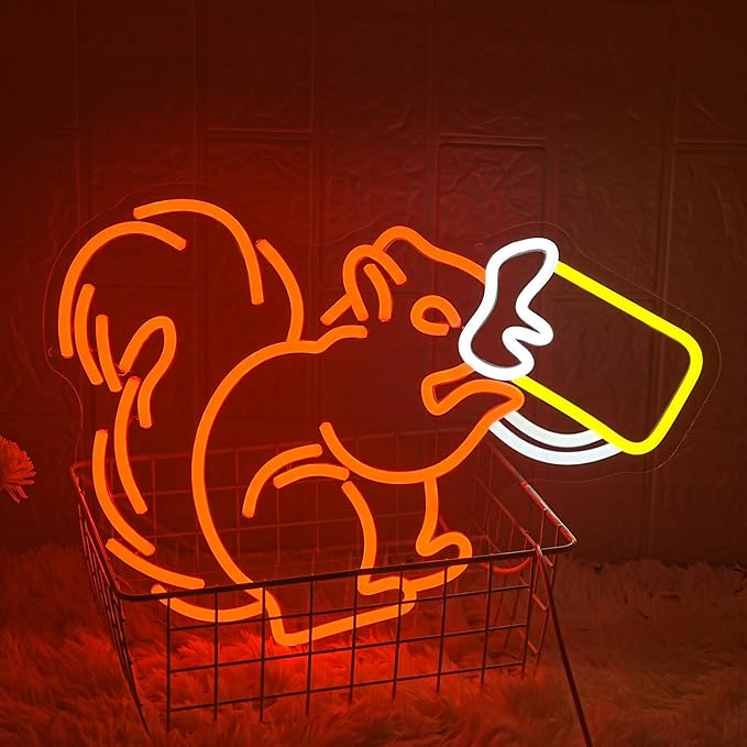 Squirrel Beer Neon Sign for Wall Decor Bar Neon Light Orange Squirrel Drinking Wine Led Light Animal LED Sign Dimmable LED Neon Light for Bar Bedroom Kidsroom Business Game Room
