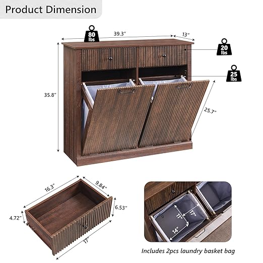 Modern Double Tilt-Out Trash Cabinet, 20 Gallon Fluted Laundry Hamper Cabinet with 2 Drawers, Wooden Hidden Garbage Can Cabinet w/Storage Basket,Free Standing for Kitchen & Living Room, Brown