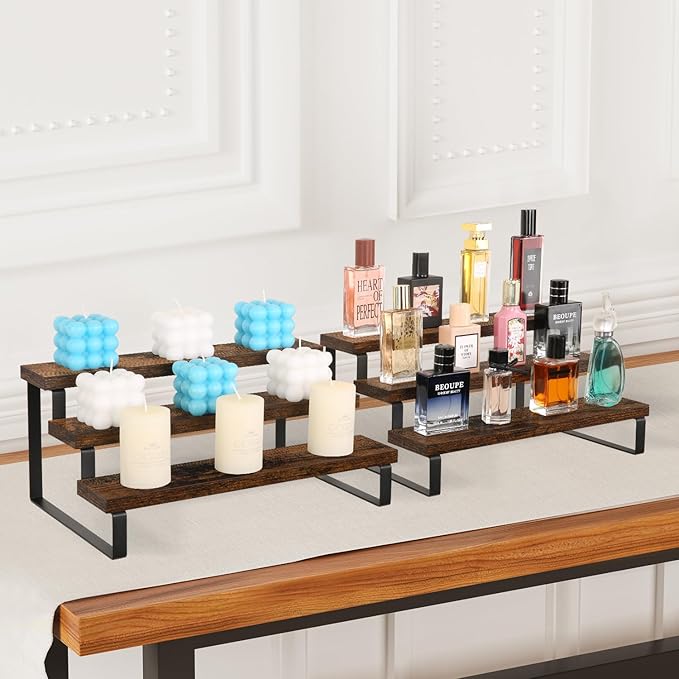 YINMIT Wooden Display Riser Stand, Tiered Perfume and Cologne Organizer Stand, 3 Tier Spice Rack Organizer, Rustic Display Shelf for Candles (3 Tier, 2 Pack)