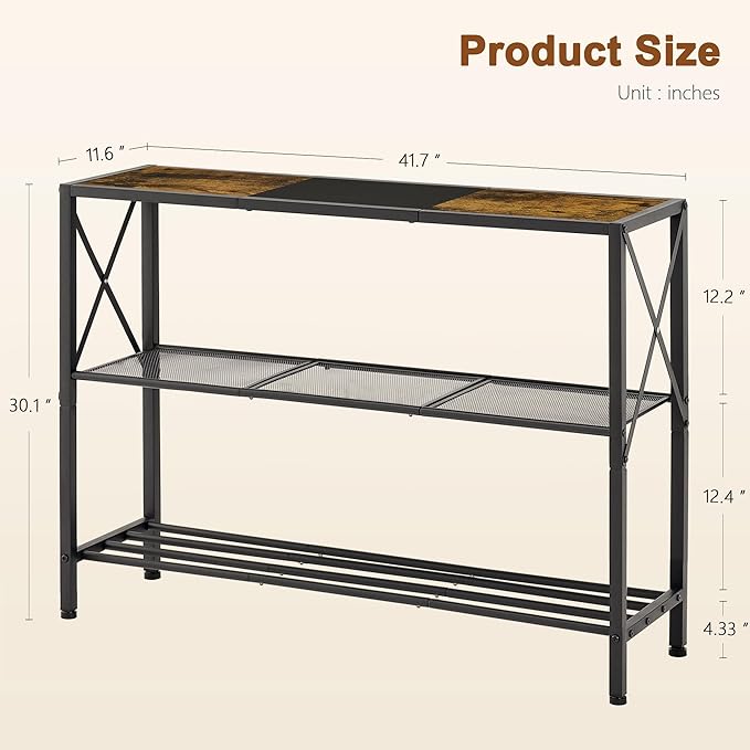 Hoctieon Industrial Console Table, 3 Tier Entryway Table, Hallway Table, Narrow Sofa Table with Shelves, Entrance Table for Entryway, Rustic Brown&Black