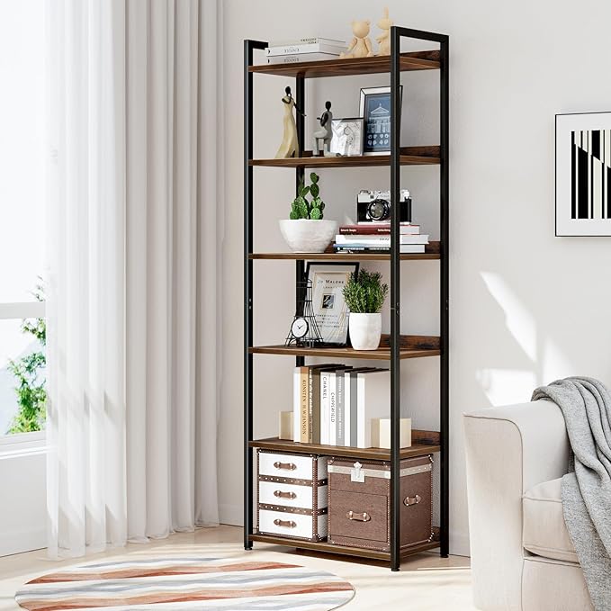 NUMENN Bookshelf, 6 Tier Bookshelves, Home Office Bookcase Shelf Storage Organizer, Free Standing Storage Shelving Unit for Bedroom, Living Room and Home Office, Vintage