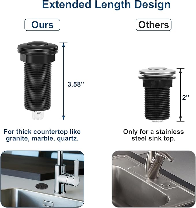Air Switch Kit for Garbage Disposal, UL Listed Sink Top Air Switch for Food Waste Disposal, 3.58” Extra Long Air Button (Black Stainless Steel)