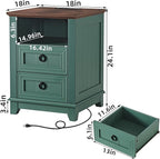 18" Farmhouse Night Stand with Charging Station, 2 Drawers Bedside End Table, Green Wooden Nightstand, Bed Side Table Cabinet with Open Shelf for Bedroom Living Room Office