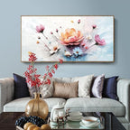 amatop Framed Floral Canvas Wall Art – Oversized Pink Blue Abstract Bloom Flower Print Daisy & Peony Picture Elegant Botanical Nature Large Artwork for Living Room Bedroom Dining Entryway Decor 58x29 inch
