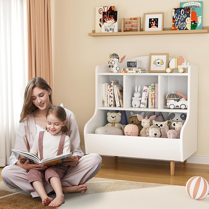 Toy Storage Organizer, 3 Tier Floor Standing Toddler Bookshelf with Legs, 5 Cube Kids Bookshelf and Toy Storage, Book Shelf for Kids Room, Living Room, Nursery, White