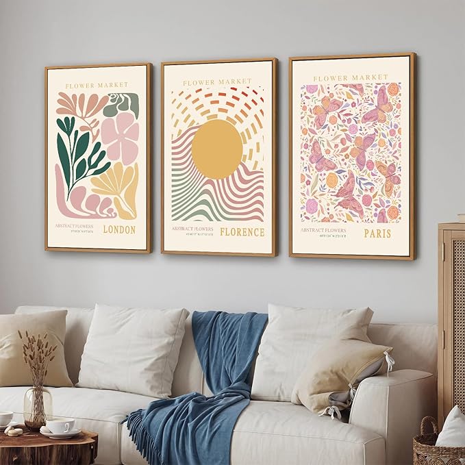 Tinonedraw Boho Flower Market Framed Canvas Wall Art Set, Pink Beige Cute Butterfly Wall Decor, Colorful Abstract Floral Wall Painting, Modern Matisse Art Print for Girls Room Bedroom Office Nursery 16"x24"x3