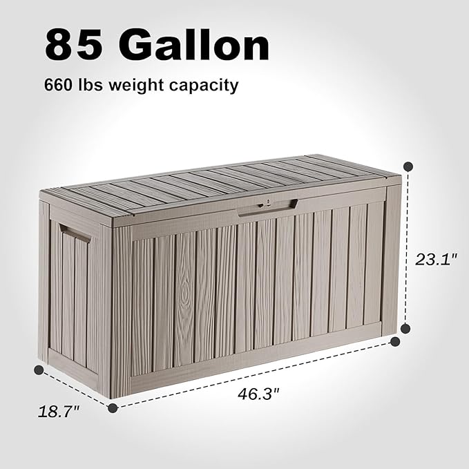 Vixzen 85 Gallon Resin Deck Box, Lockable Outdoor Storage Box for Patio Cushions Storage Furniture,Garden Tools, Pool Supplies, Weatherproof and UV Resistant-Grey