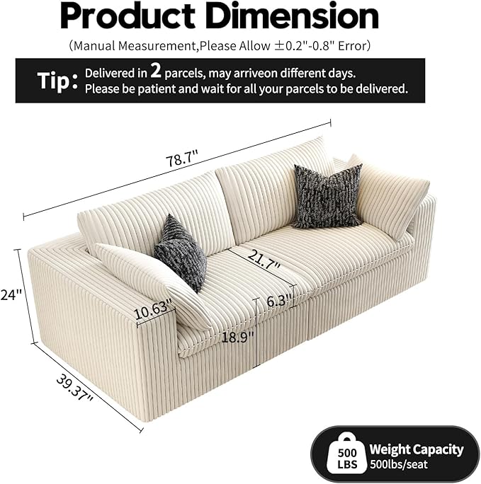LoveSeat Cloud Couch Modular Sectional Sofa for Living Room,Modern Sofa with Deep Seat，2 Seater Boneless Couch,Comfy Upholstered Corduroy Couches for Apartment, Studio, Office,Bedroom，White
