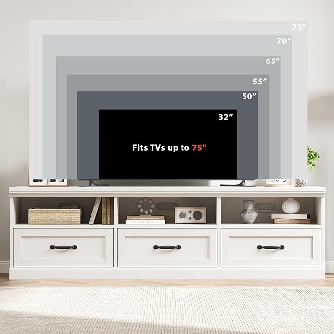 IDEALHOUSE 70in TV Stand for TVs up to 80", Mid Century Modern Entertainment Center with Storage Drawer and Open Shelves, TV Console Media Cabinet for Living Room, Bedroom, Antique White