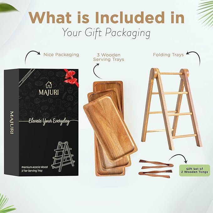 MAJURI 3 Tier Wooden Serving Tray, Set of 2 Tongs Free, Tiered Serving Trays & Platters for Party, Wedding, Picnic, Your Perfect Elevated Charcuterie Stand and for 3 Tiered Dessert Stand Lovers