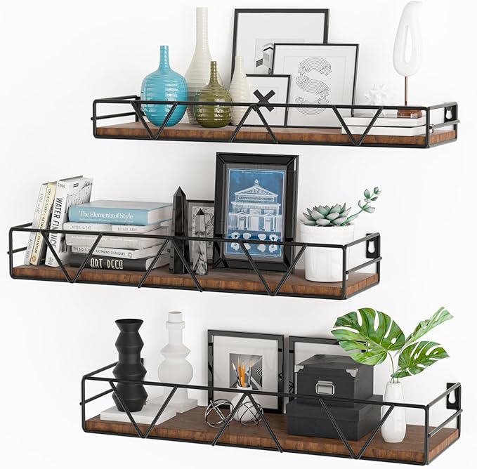 Floating Shelves Set of 3, Home Wood Wall Shelf, Farmhouse Shelf for Bedroom, Wall Mounted Floating Shelf for Living Room, Bedroom, Bathroom, Kitchen, Office (Black)