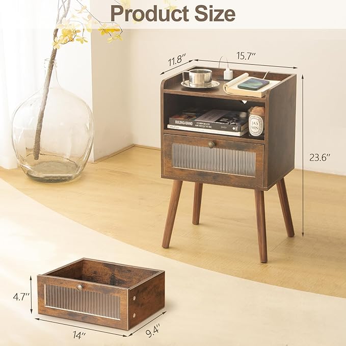 AWASEN Mid Century Night Stand with Charging Station, Wood Bedside Table with Glass Drawer, Small Modern Nightstand End Side Table with 2 Tiers Storage for Bedroom, Office(Rustic Brown)
