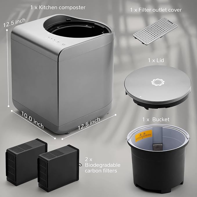 Airthereal Revive Electric Kitchen Composter, SHARKSDEN Tri-Blade, Turn Food Waste and Scraps into Dry Compost Fertilizer for Plants, R500 Gray