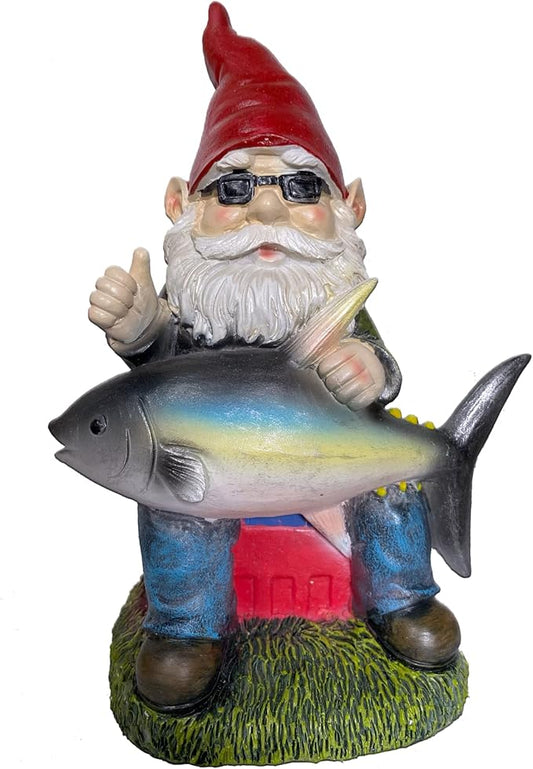 Fishing Gnome with Tuna Fish,Fishing Garden Gnomes Outdoor,Funny Garden Gnome 9“，Fishing Gnomes Decorations for Yard (Fishing Gnome)