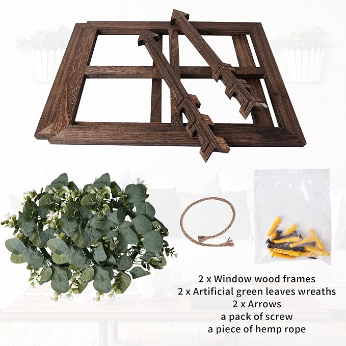 Rustic Wood Window Frame with Green Wreath and Arrows Wall Decor，Farmhouse Window Frame Hanging Decor,Wooden Fake Decoration,Window Pane Wall Decor,Set of 2 (Brown)
