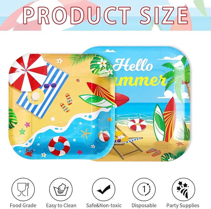 Grencian 200Pcs Beach Party Supplies Hello Summer Party Plates and Napkins Disposable Summer Pool Paper Tableware Set for Hawaiian Beach Pool Birthday Baby Showe Decorations, Serves 50