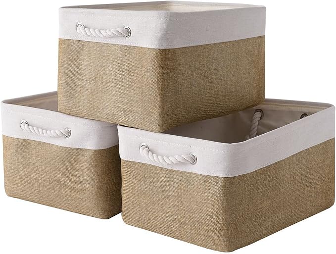 Rectangular Fabric Storage Baskets for Organizing, Shelves, Decorative & Gift (White & Peru)