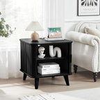 Farmhouse Square End Table with Charging Station, 24" Large Fluted Sofa Side Table with Sliding Tambour Door and Storage, Rustic Curved Wood Nightstand for Living Room, Bedroom, Black