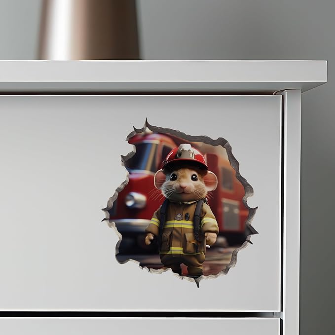Firefighter Mouse in Mouse Hole Decal - Mouse Hole 3D Wall Sticker
