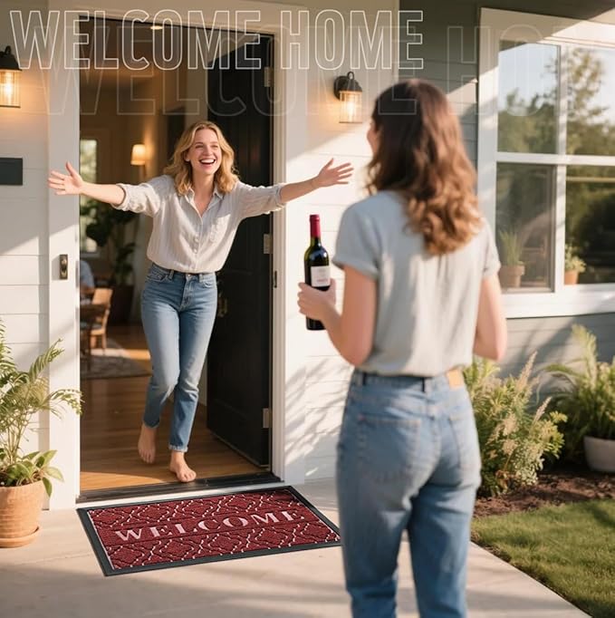 Yimobra Welcome Mat Outdoor Indoor 29.5x17, All-Weather Waterproof Front Door Mat Outside Entrance, Non-Slip Low Profile Porch Patio Doormat, Red