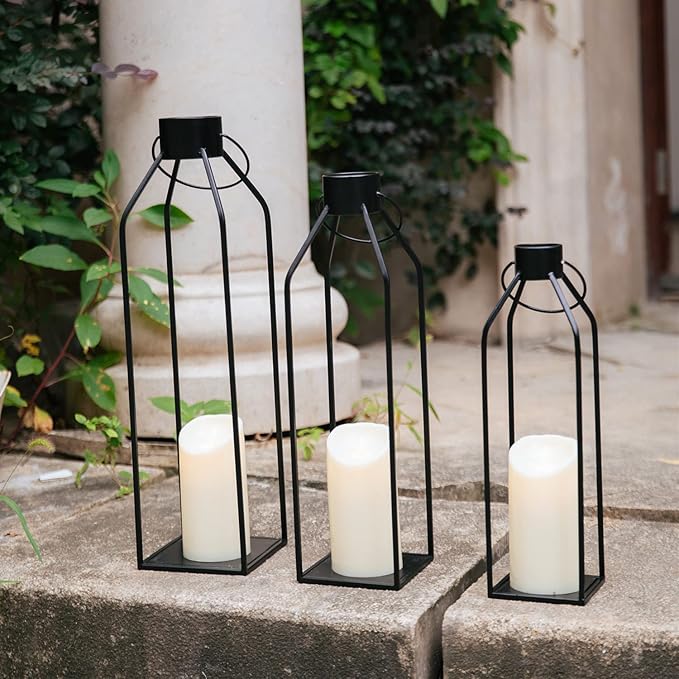 HPC Decor 22'' 19'' 16'' Lanterns Decorative w/Flickering Timer Candles- Tall Large Black Metal Candle Lanterns Set of 3- Modern Farmhouse Decor for Indoor,Outdoor,Tabletop,Porch (No Glass)