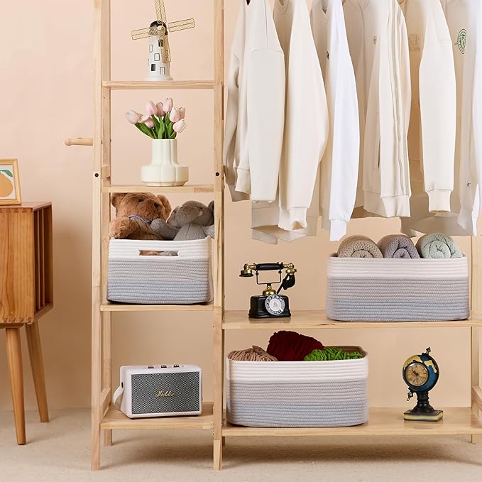 Large Storage Baskets for Shelves, Closet Organizers Bins for Clothes Blanket Towels, Baby Nursery, Toy Baskets Box, Woven Rope Baskets, 17 x 13 x 7.5”, 3 Packs Gradient Grey