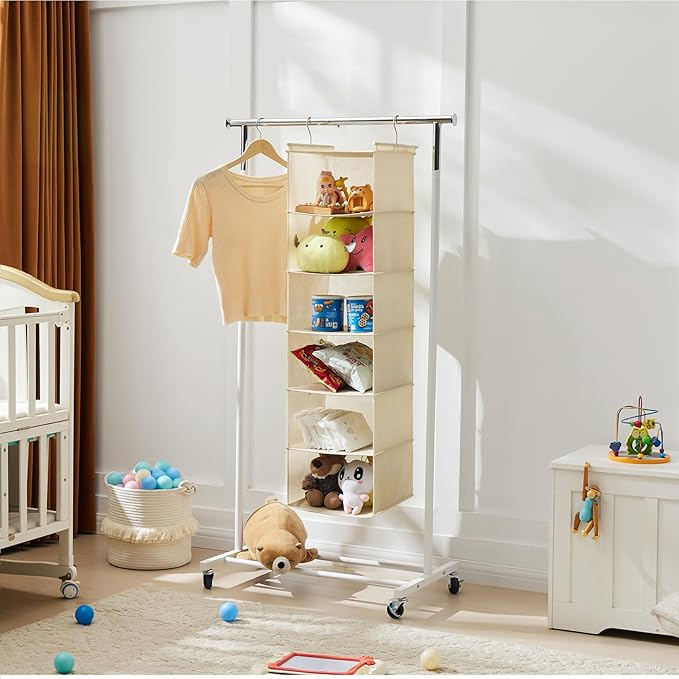 MAX Houser 6 Tier Shelf Hanging Closet Organizer, Cloth Hanging Shelf with 2 Sturdy Hooks for Storage, Foldable (Beige)