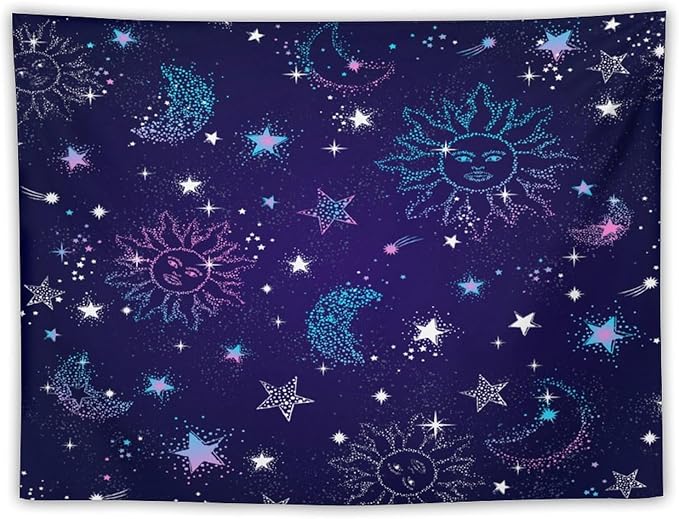 HZOHNAGO Boho Sun Moon Tapestry Purple Blue Sun Stars Galaxy Pattern Printed Wall Tapestry Wall Hanging for Bedroom Living Room Dorm 40" W x 30" H