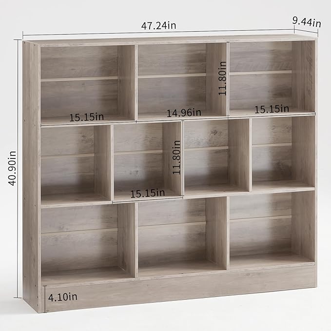 LEYAOYAO 10 Cube Bookshelf with Base,3 Tier Mid-Century Modern Grey Bookcase,Standing Wide Bookshelves Storage Organizer Shelf,Rustic Wood Display Cabinet Book Shelves for Bedroom,Living Room,Office