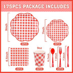 175 Pcs Red Gingham Plates and Napkins Party Supplies - Red and White Checkered Plates Sets Serve 25 Guests - Scalloped Gingham Paper Plate for Birthday Picnic BBQ Christmas Party Decorations