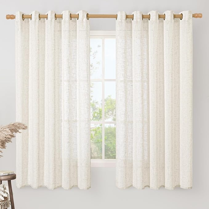 LAMIT Linen Curtains 63 Inch Length for Living Room, Linen Light Filtering Boho Semi Sheer Window Textured Burlap Drapes with Bronze Grommet for Bedroom, 2 Panels Set, 60 x 63 Inch, Cream