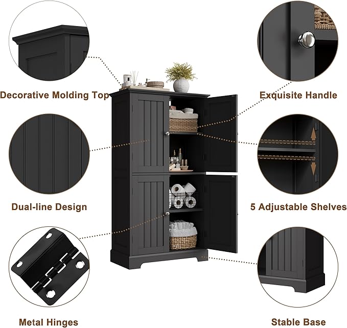 ChooChoo Bathroom Floor Cabinet, Modern Bathroom Storage Cabinet with 4 Doors and Adjustable Shelves, Freestanding Cupboard for Living Room, Black