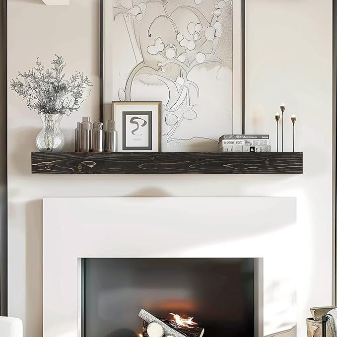 48x8x3 Fireplace Mantel - Handcrafted Hollow Rustic Solid Wood Wall Mounted Floating Shelf with Invisible Heavy Duty Wood Bracket (Weathered Black)