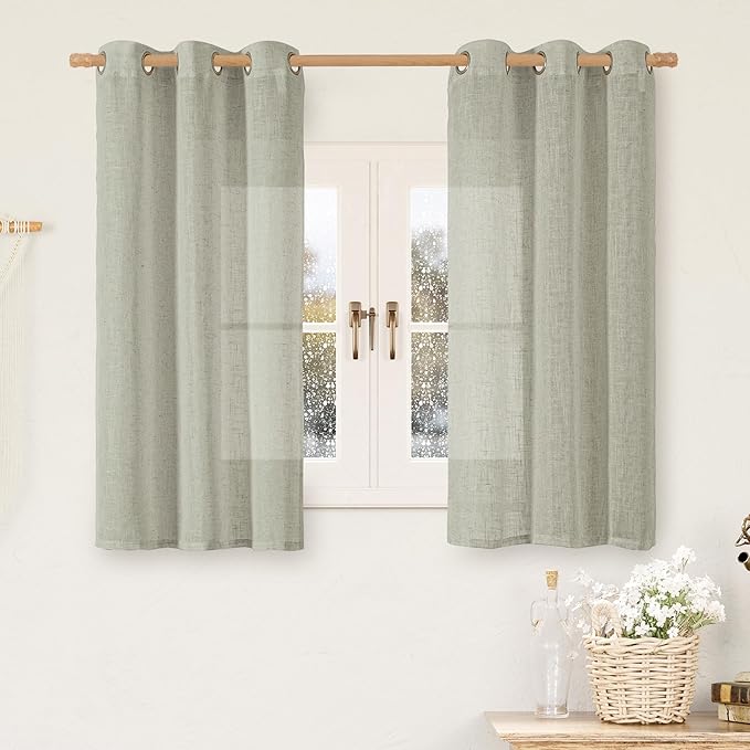 LAMIT Short Linen Curtains 48 Inch Length 2 Panels, Semi Sheer Light Filtering Panels Bronze Grommet Drapes for Small Window/Bathroom/Bedroom/Basement, Sage Grey, 34 x 48 Inch