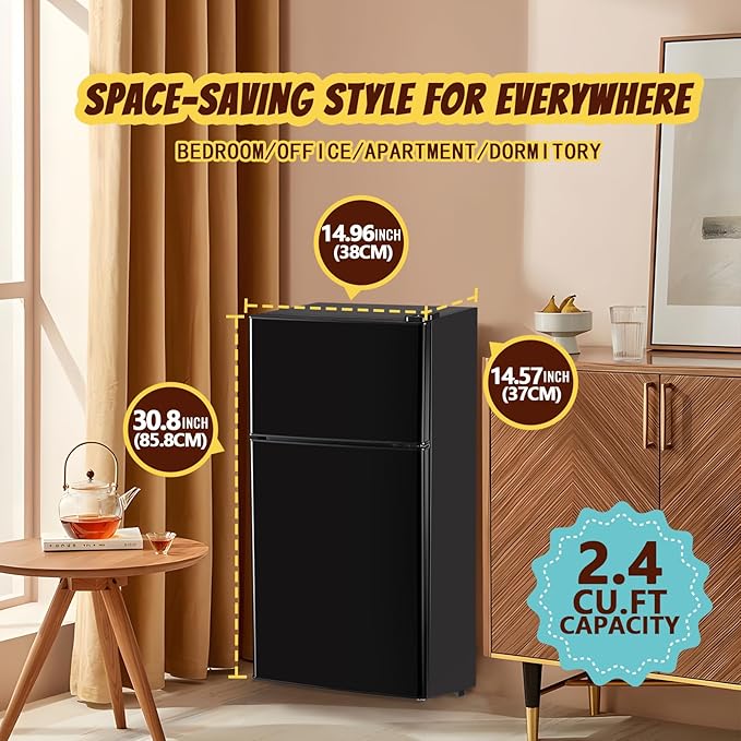 Mini Fridge with Freezer Small Refrigerator Double Door Dorm Fridge for Single Removable Shelves for Bedroom, Office, Dorm Black