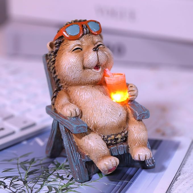 Miniature Hedgehog Figurine Solar Resin Statue for Outside Garden Lawn Yard Patio Home Office Decorations, Ideal Ornaments Birthday Gifts for Mom Women Grandma
